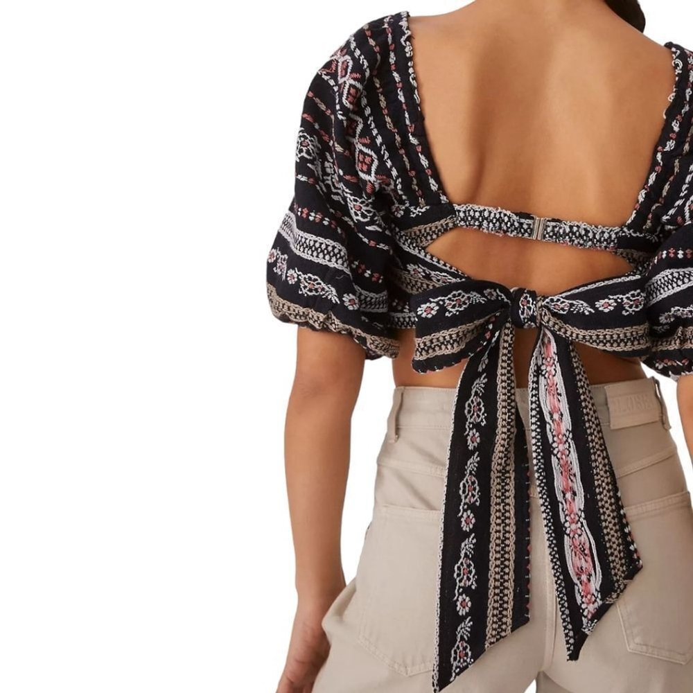 Anthropologie Woven Puff Sleeved Cropped Tie Back Top Boho Left Coast Collection